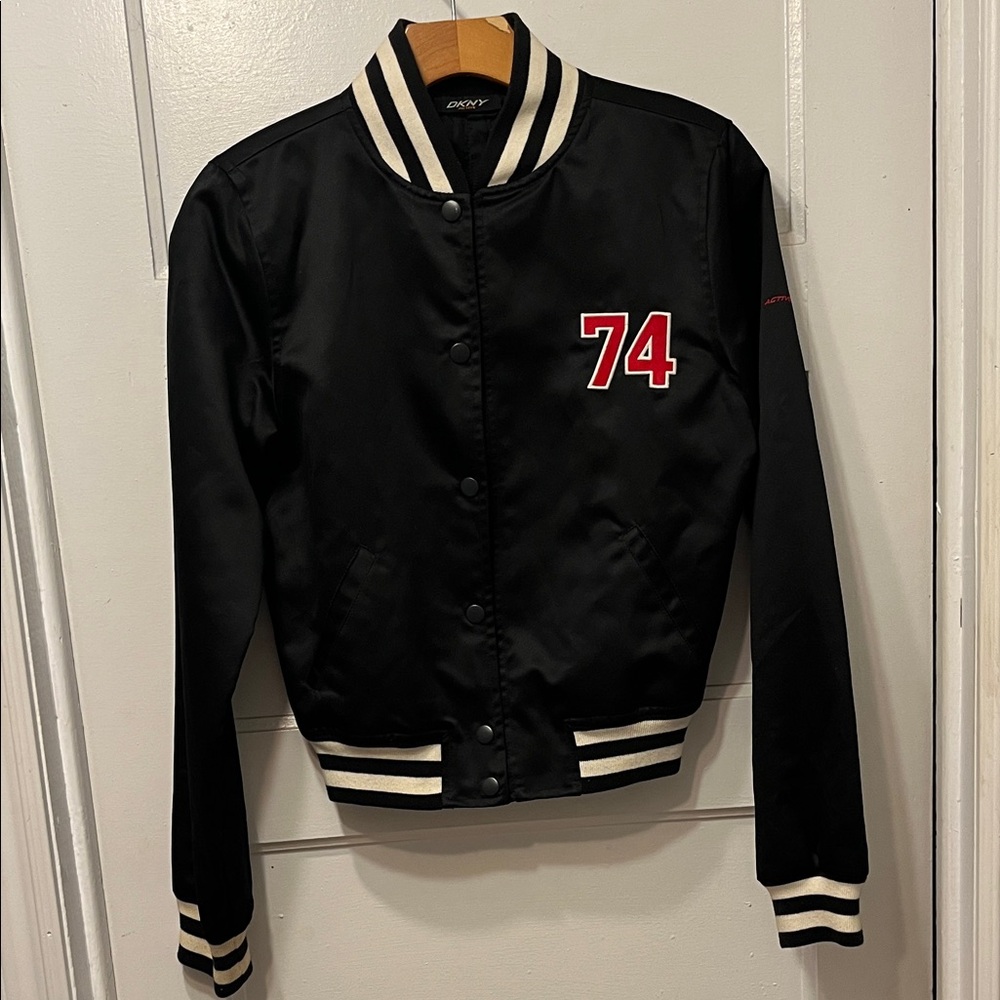 DKNY Black and White Varsity Jacket with Red Detail